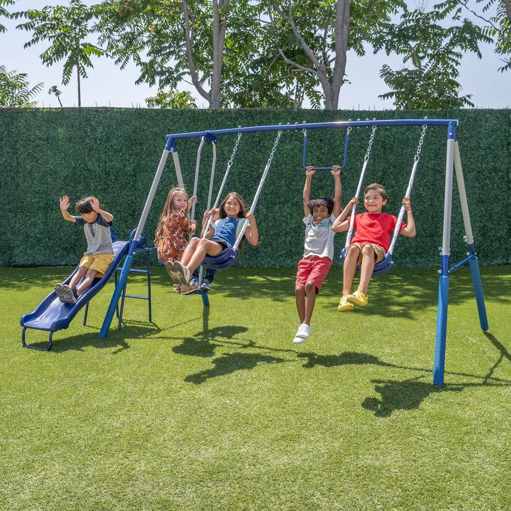 Blue Metal Swing Set with Slide and Glider