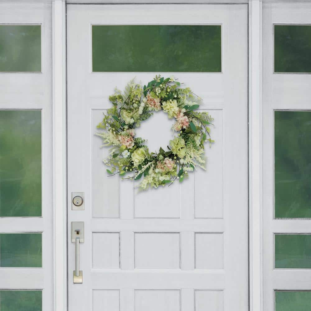 24" Green and White Artificial Hydrangea and Dogwood Floral Spring Wreath