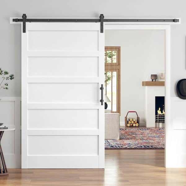 48 in. x 96 in. 5-Panel Solid MDF White Finished Interior Sliding Barn Door with Hardware Kit
