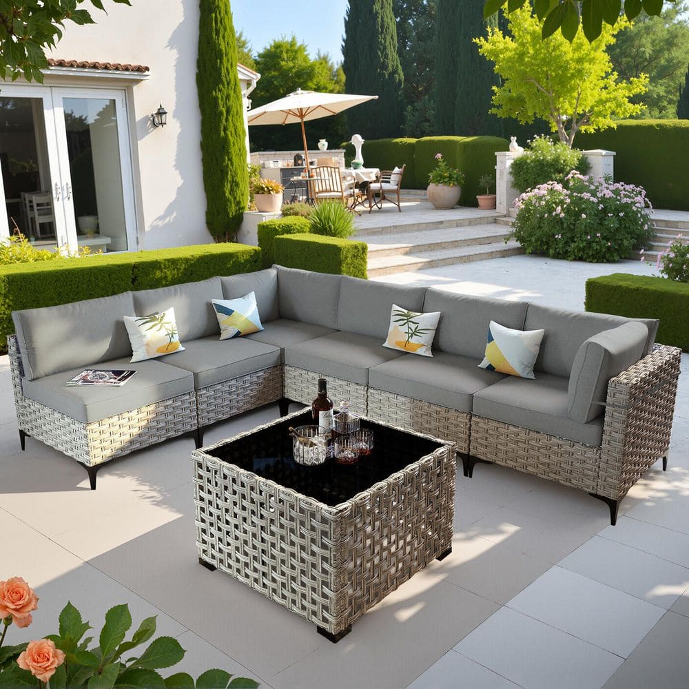 Supery Gray 7-Piece Wicker Patio Conversation Seating Set with Dark Gray Cushions and Coffee Table price history on PriceWatchPro