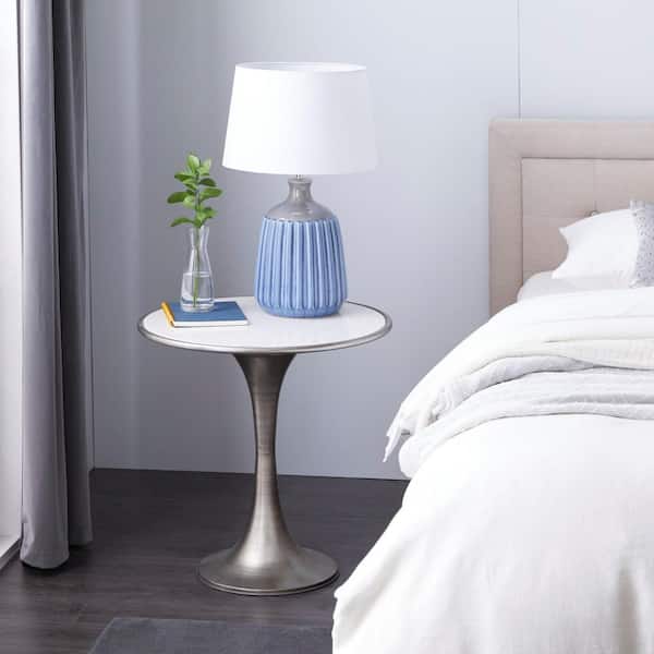 Litton Lane 25 in. Silver Large Round Marble End Accent Table with White Marble Top