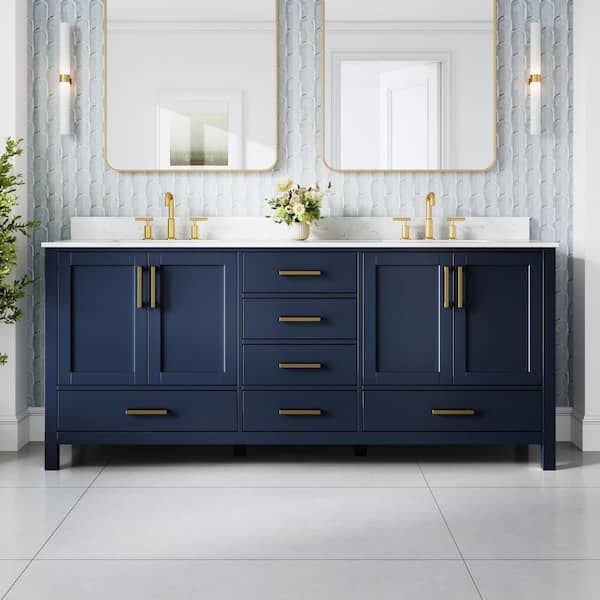 80 in. Freestanding Navy Blue Solid Wood Bath Vanity with Durable Carrara White Cultured Marble Top,Soft-Close,Assembled