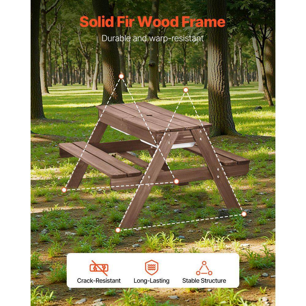 Close-up of the solid fir wood frame of the durable picnic table.