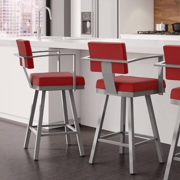 Amisco Akers 30 in. Glossy Grey Metal Red Polyester Bar Stool