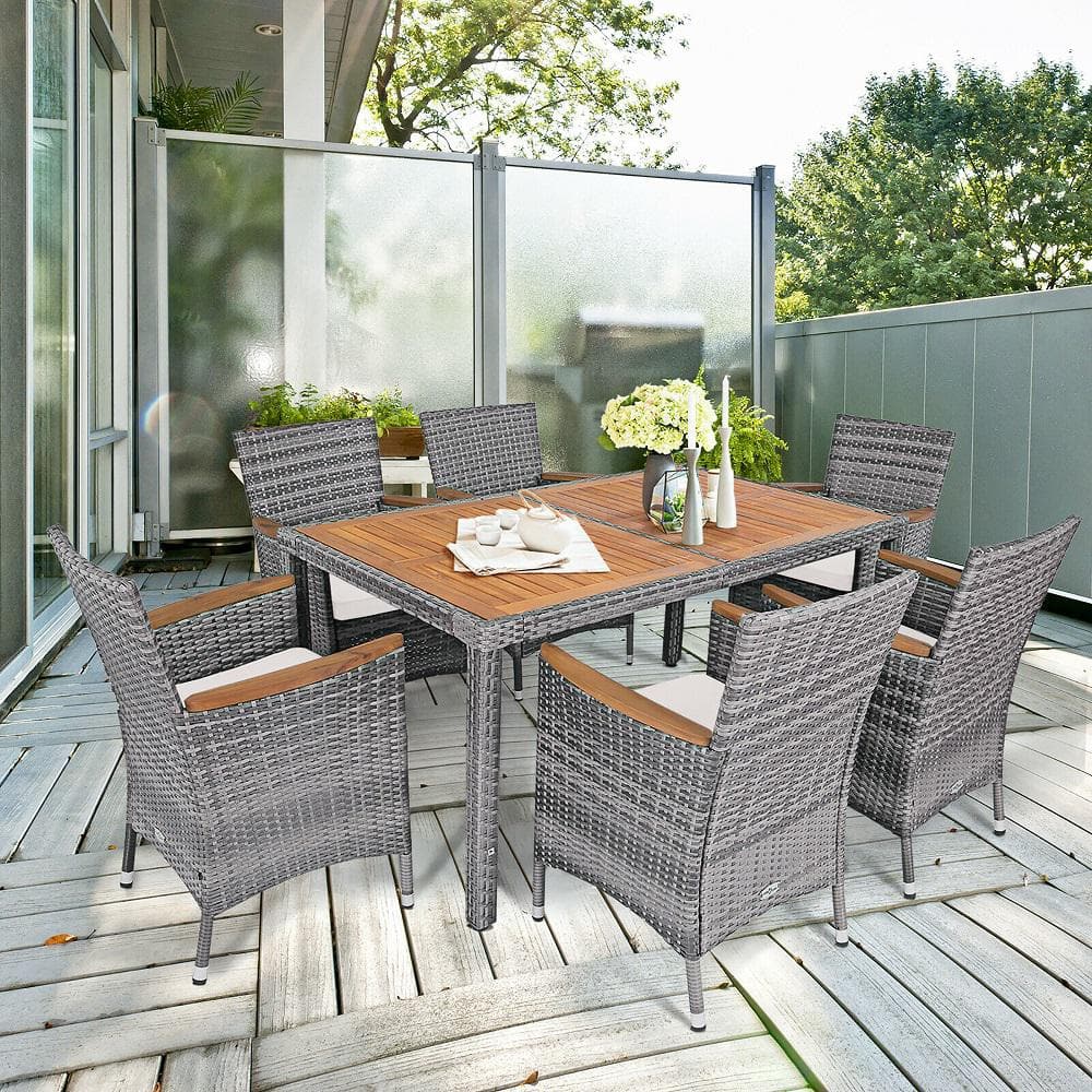 Gray and Beige 6-Person Rattan Dining Set with Acacia Wood Table