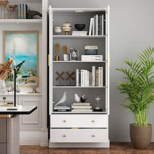 White Wooden Storage Cabinet Cupboard with Tempered Glass Doors, 2-Drawers and Anti-dumping Device