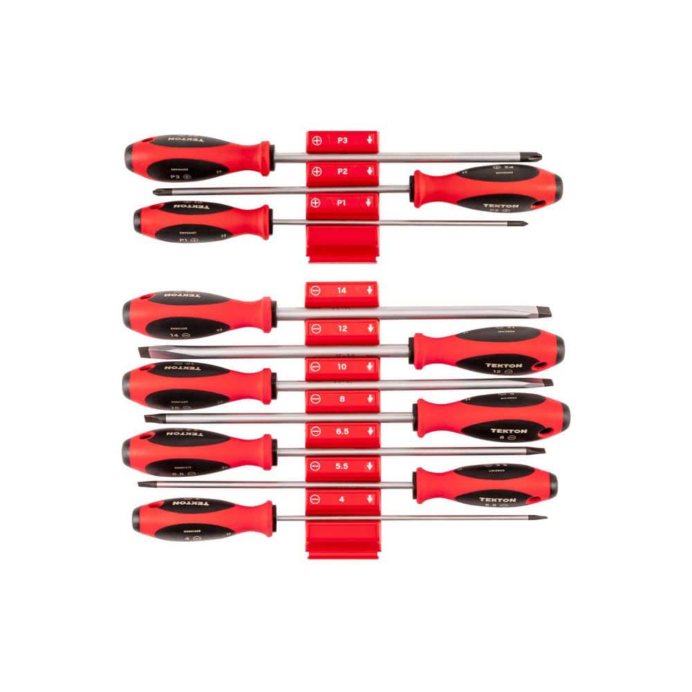 Phillips and Slotted Screwdriver Set with Red Modular Organizers - 8 Inch Shanks, 10-Piece ( #1 - #3, 4 - 14 mm)