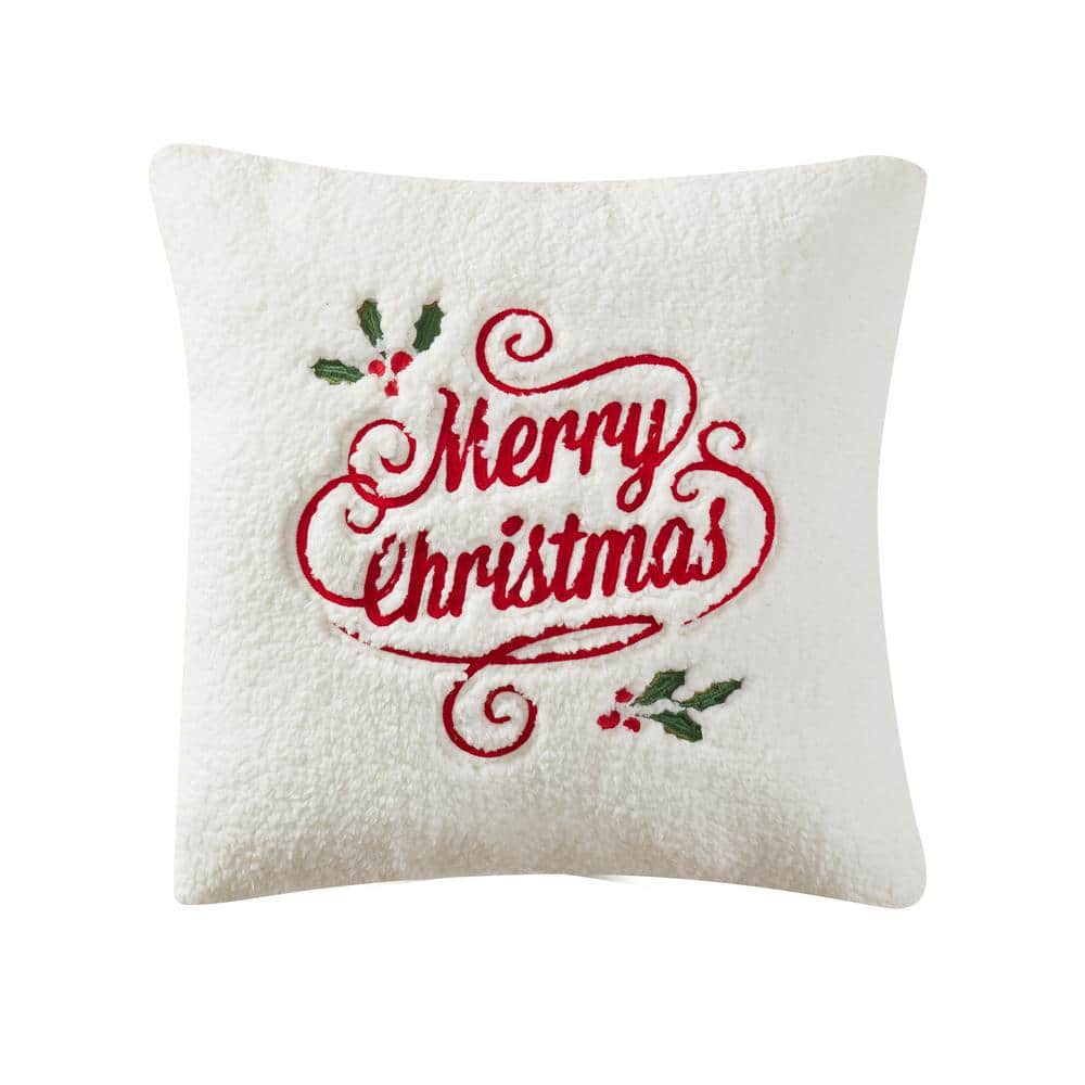 Merry Christmas Holly Pillow White Polyester 20 Square Decorative Throw 