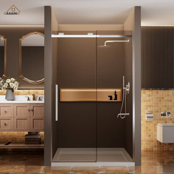 48 in. W x 76 in. H Sliding Frameless Shower Door in Chrome Finish with 3/8 in.(10 mm) Tempered Clear Glass