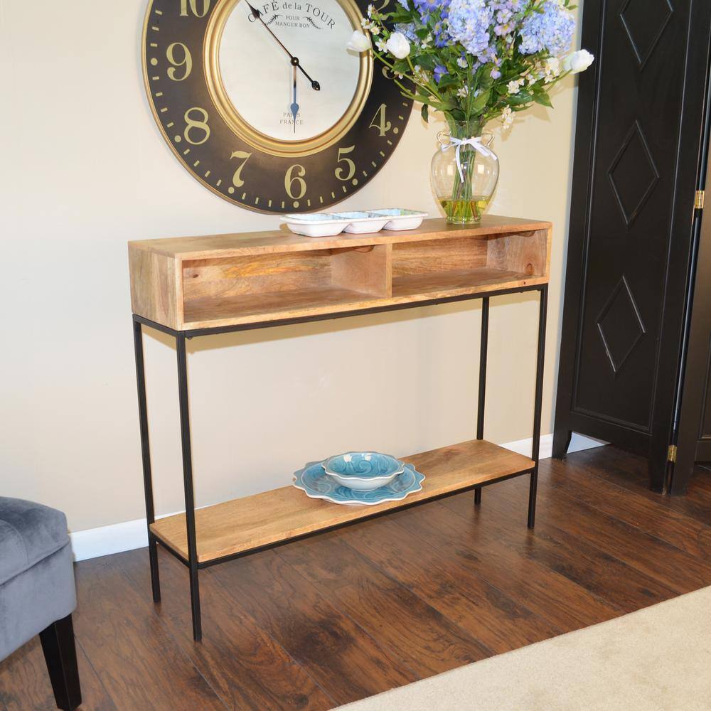Natural Mango Wood and Black Metal Console Table with Storage