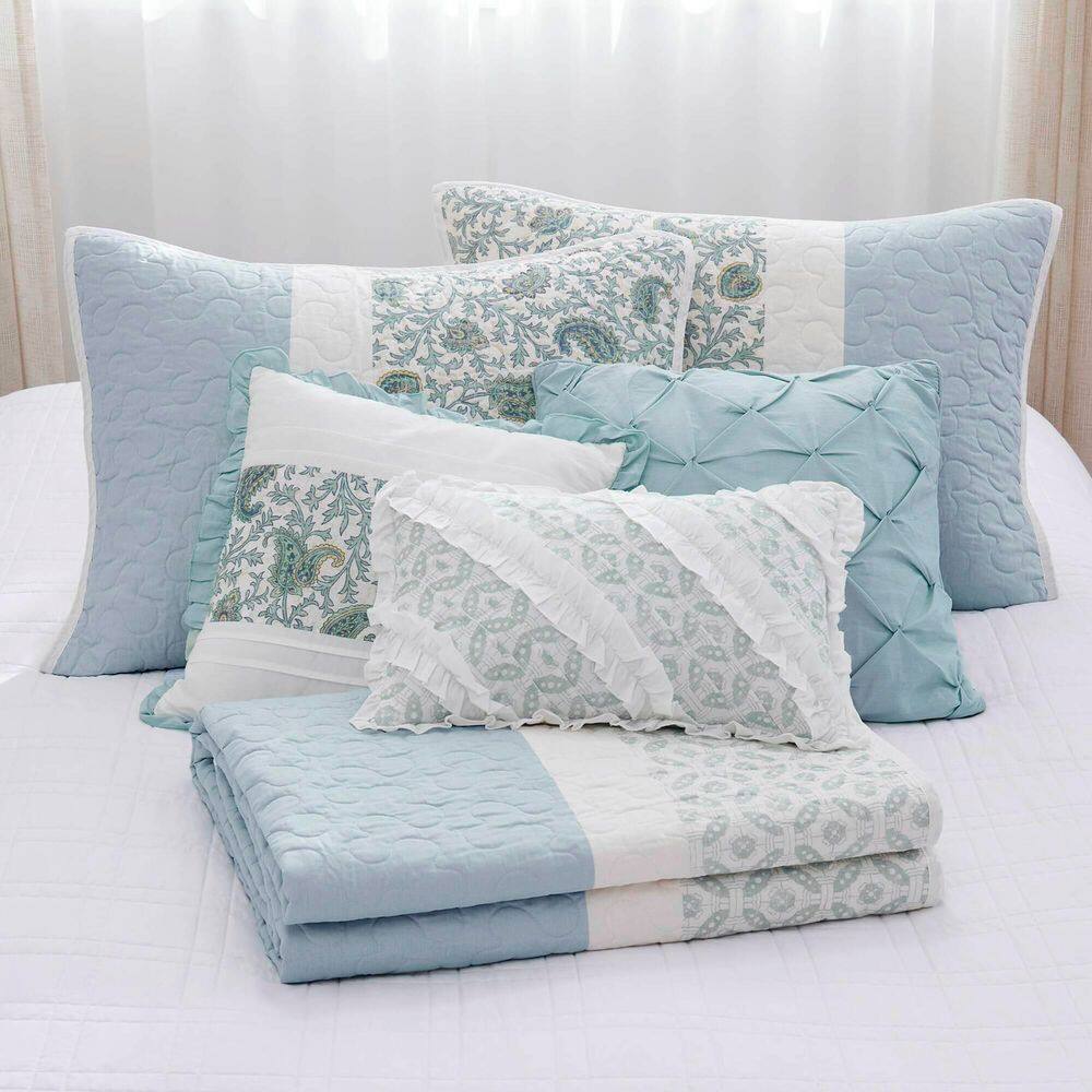 Shabby Chic Blue Paisley Full/Queen Cotton Percale Quilt Set with Decorative Pillows