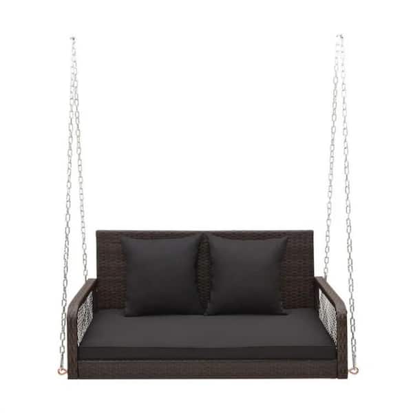 45.5 in. Double Black Wicker Porch Swing without Sunshade with Cushions