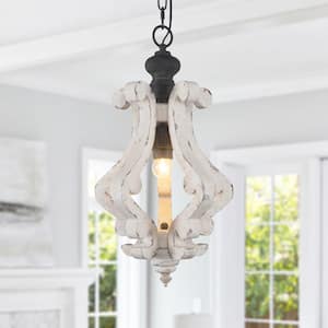1-Light Distressed White Cottage Rustic Wooden Chandelier French Country Kitchen Island Light