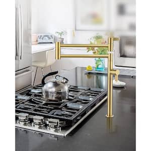 Deck Mounted Pot Filler Kitchen Faucet with Double Joint Swing Arm in Solid Brass Brushed Gold