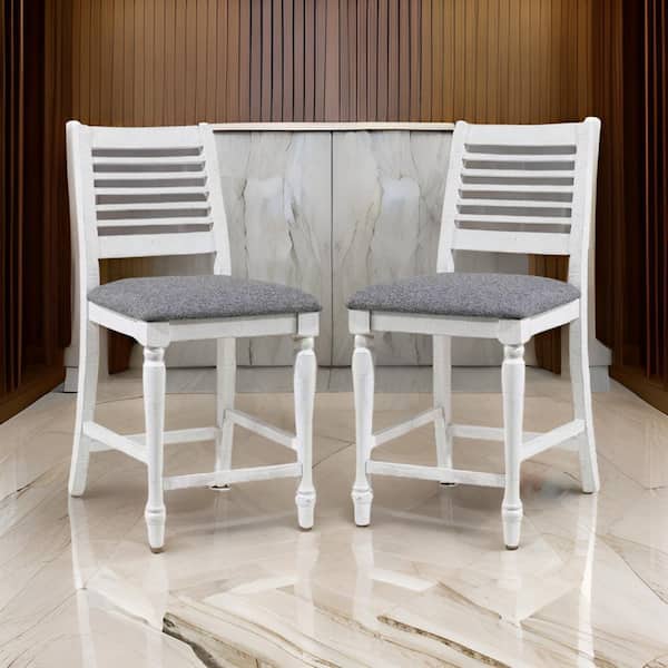 Benjara 35.5 in. White and Gray High Back Wood Frame Bar Stool with Fabric Seat (Set of 2)