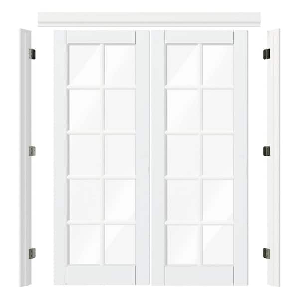 60 in. x 80 in. 10 Lite Clear Glass White Primed Pine Wood Core Double Pre-hung French Door with Quick Assemble Jamb