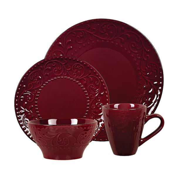 16-Piece Lorren Home Stoneware Scroll Dinnerware Set-Merlot