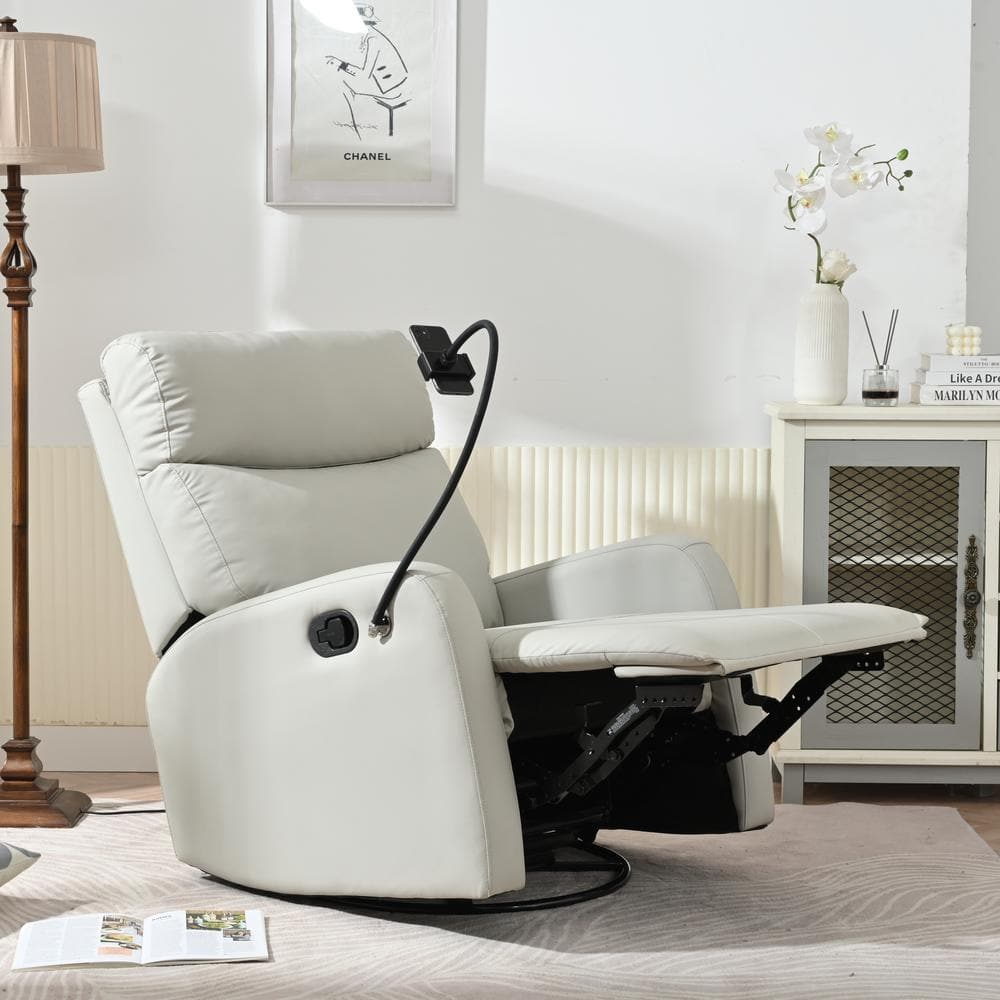 Light Gray Faux Leather Swivel Recliner with Metal Frame