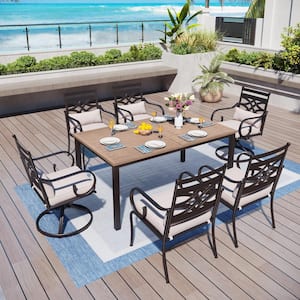 7-Piece Metal Outdoor Dining Set with Brown Slat Table-Top and Cast Iron Pattern Swivel Chairs with Beige Cushions