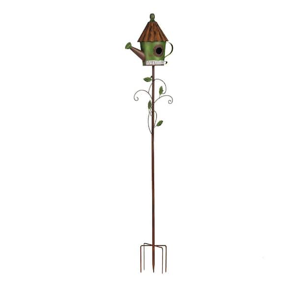 Justincity Kettle Birdhouse Stake Metal Watering Can Birdhouse Garden Stake Wild Bird Feeder Pole with Welcome Sign