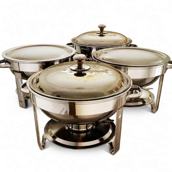 5 qt. Silver Stainless Steel Round Chafing Dish Buffet Set for Home Parties, Catering Events, 4 Pack