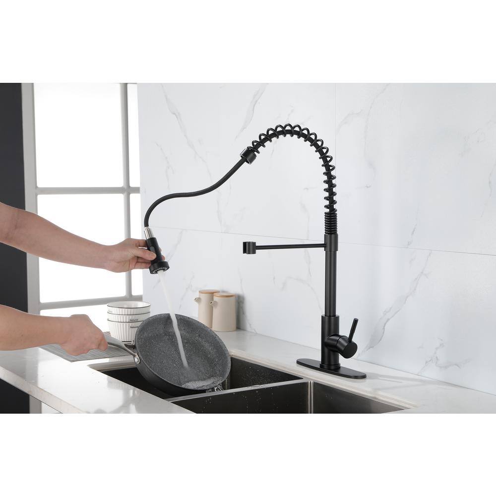 Matte Black Commercial Spring Kitchen Faucet with Pull-Out Sprayer
