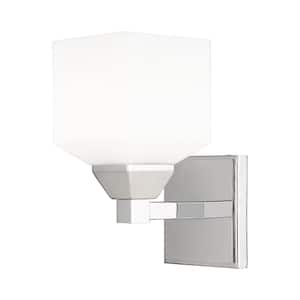 Lansford 4.75 in. 1-Light Polished Chrome Wall Sconce with Satin Opal White Glass
