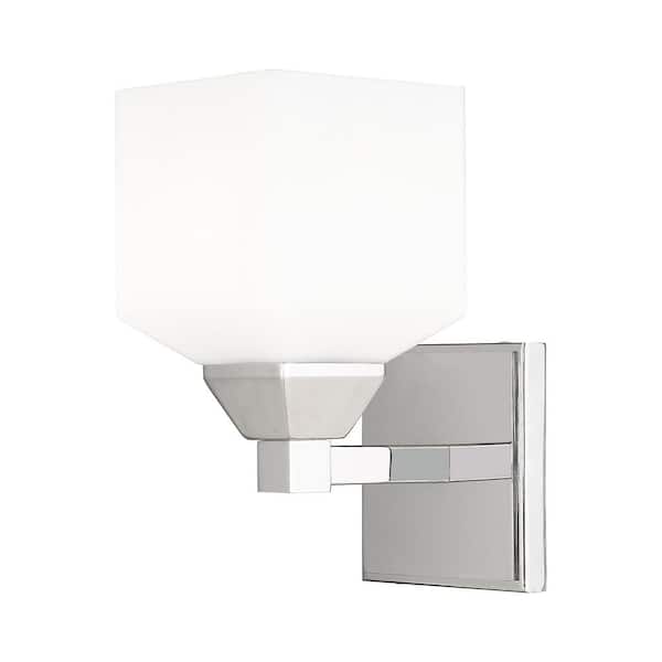 Livex Lighting Lansford 4.75 in. 1-Light Polished Chrome Wall Sconce with Satin Opal White Glass