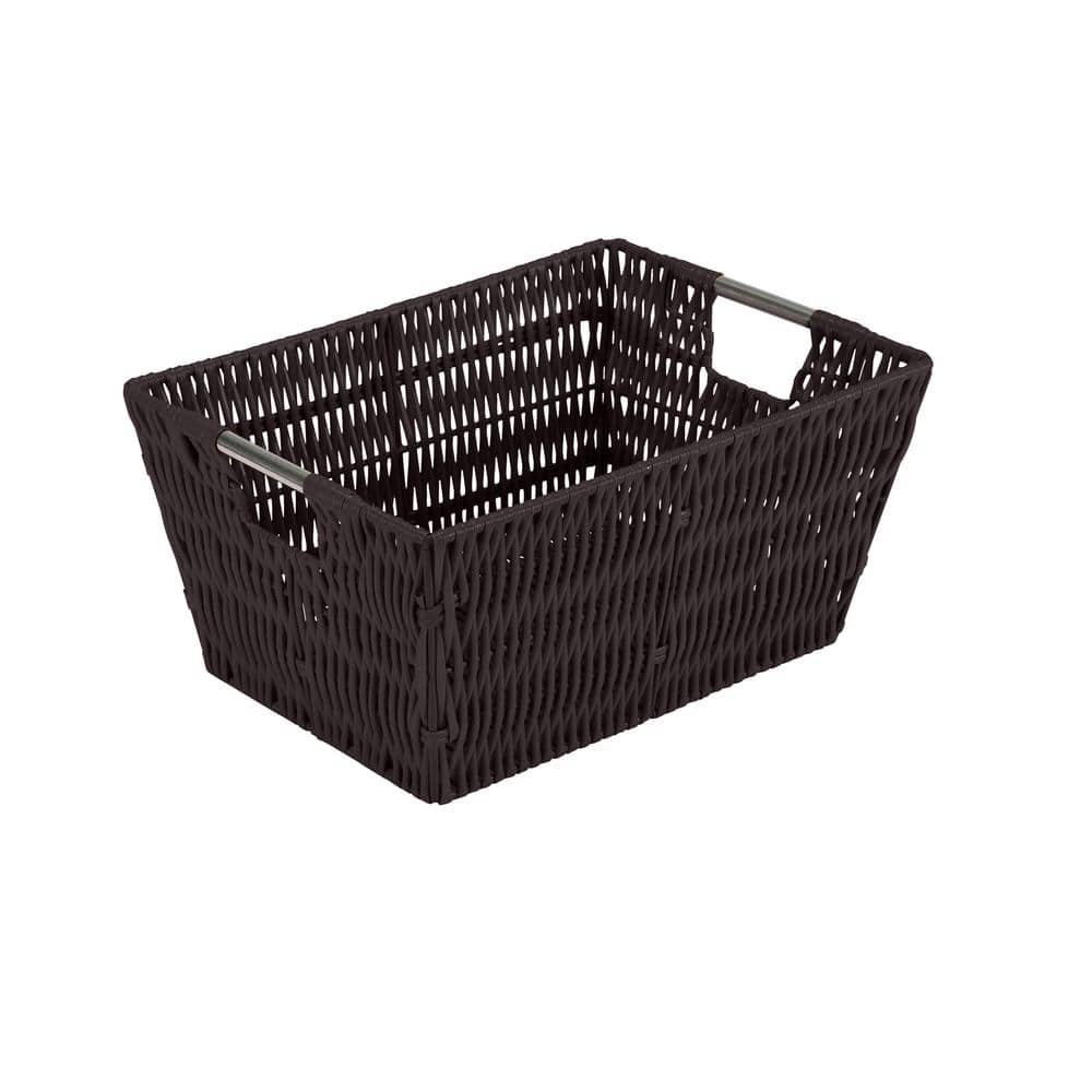 Chocolate Rattan Rectangular Storage Tote with Stainless Steel Handles