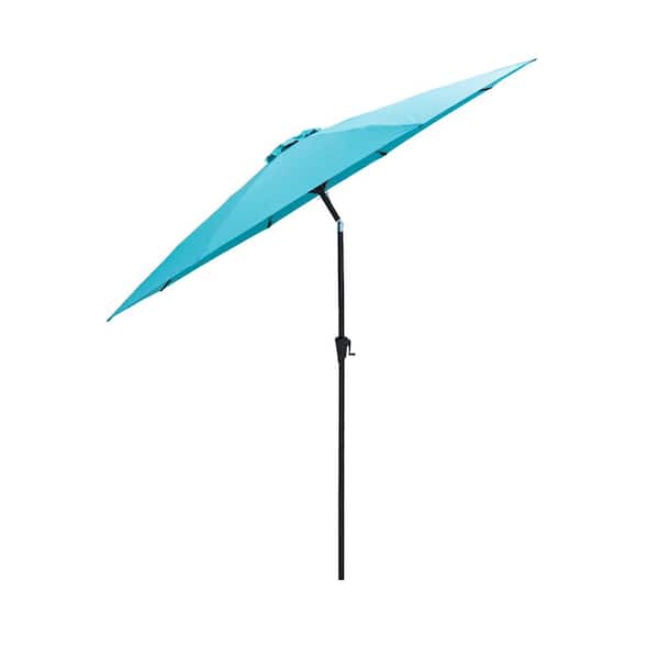 FLAME&SHADE 11 ft. Aluminum Market Push Button Tilt Patio Umbrella with Fiberglass Rib Tips in Aqua Blue Solution Dyed Polyester