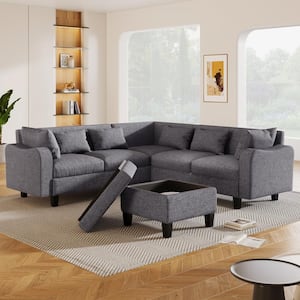 87 in. Rolled Arm 6 Seat L-Shape Linen Fabric Sectional Sofa in Gray with Storage Ottoman, 6 Pillows