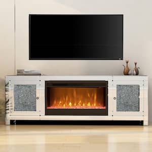 59 in. Mirror Glass TV stand with Electric Eireplace, Crystal Decor Doors and Remote Control, Silver