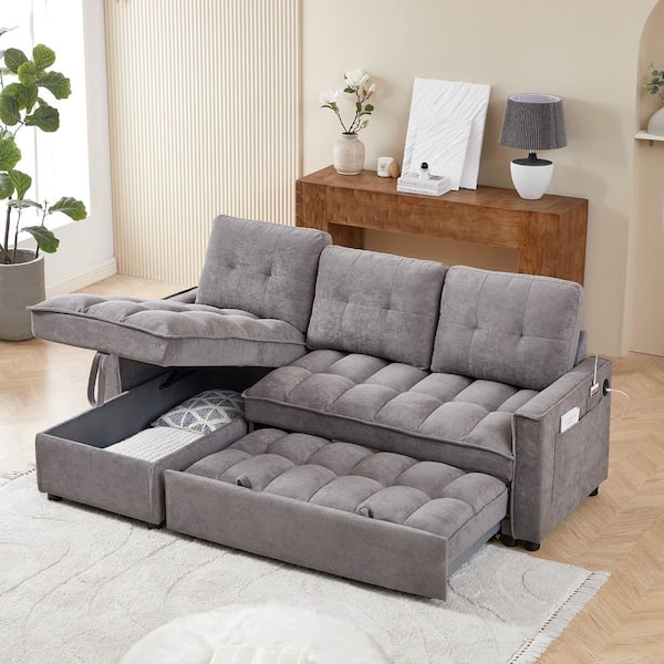 71.30 in. Chenille L-Shaped Reclining Sectional Sofa in Dark Gray, Pull-Out Sofa Bed with Hidden Storage