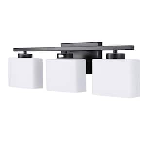 22 in. 3 Light Matte Black Modern Square Vanity Light for Bathroom, Bedroom, Living Roomwith Milk White Shades