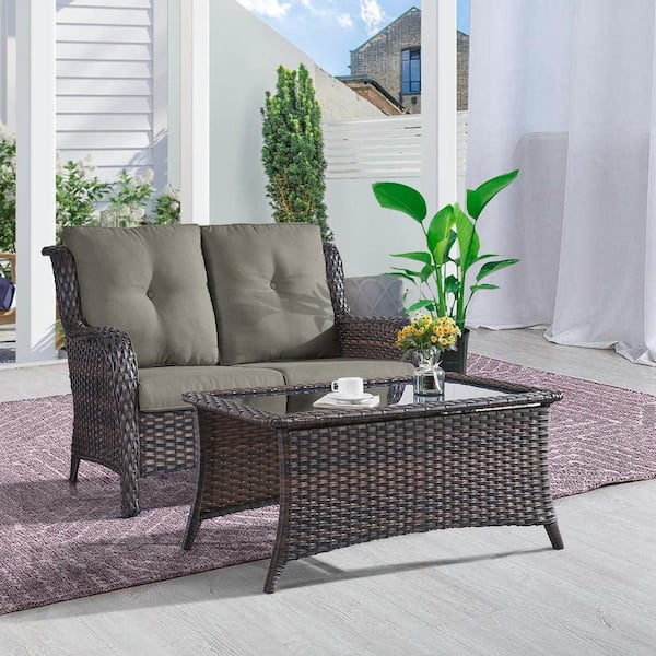 Opohoro ArcoBay 2-Piece Brown Wicker Outdoor Loveseats Patio Conversation Set with Gray Cushions and Coffee Table