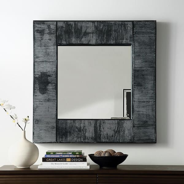 Walker Edison Furniture Company 32 in. Transitional Modern Farmhouse Urban Industrial Square Textured Wood Wall Mirror