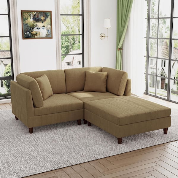 74.7 in. Straight Arm 3-Piece Corduroy Upholstered L-Shaped Sectional Sofa in Camel