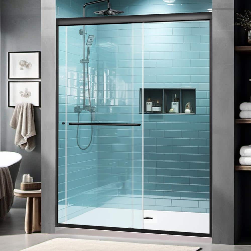 Matte Black Semi-Frameless Sliding Shower Door with Clear Glass