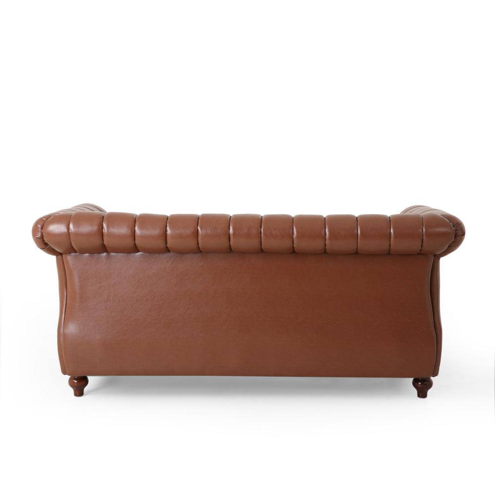 Cognac Brown Faux Leather Loveseat with Espresso Wood Accents