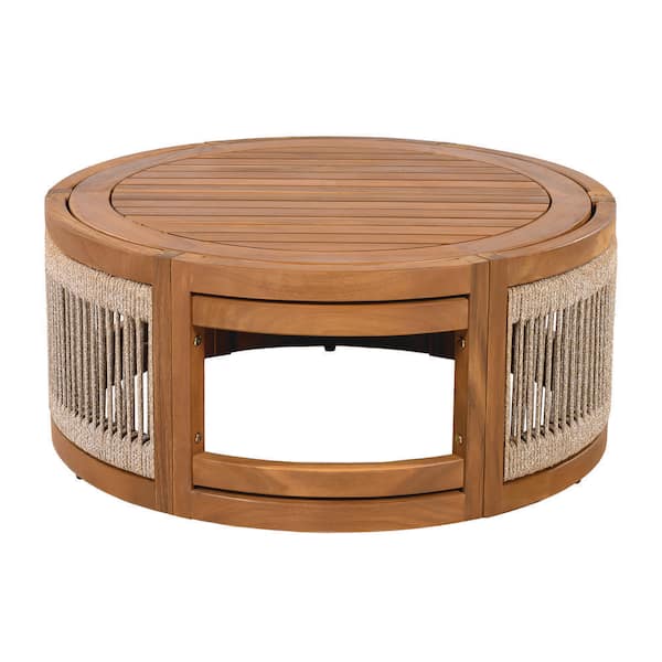Acacia Wood Outdoor Coffee Table, Handwoven Rope Accent Boho Patio Table