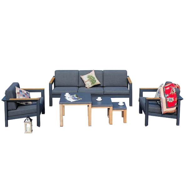 DIRECT WICKER Monet 6-Piece Aluminum Patio Conversation Set Nesting Table with Gray Cushions (Set of 3)