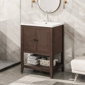 24 in. W Modern Elegant Freestanding Bathroom Vanity with Ceramic Sink, Doors and Shelves in Brown