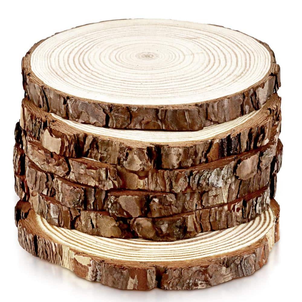7-8 in. Unfinished Wood Slices for Centerpieces with Tree Bark for Crafts C