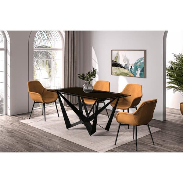 Leisuremod Nuvor Dining Table with a 62 in. Glass Rectangular Top and Black Steel Pedestal Base in Black Seats 6
