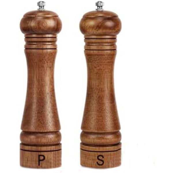 Oak Wood Salt and Pepper Grinder Set Adjustable Ceramic Stainless Steel Core Refillable Mills 8 Inches 2 Pack
