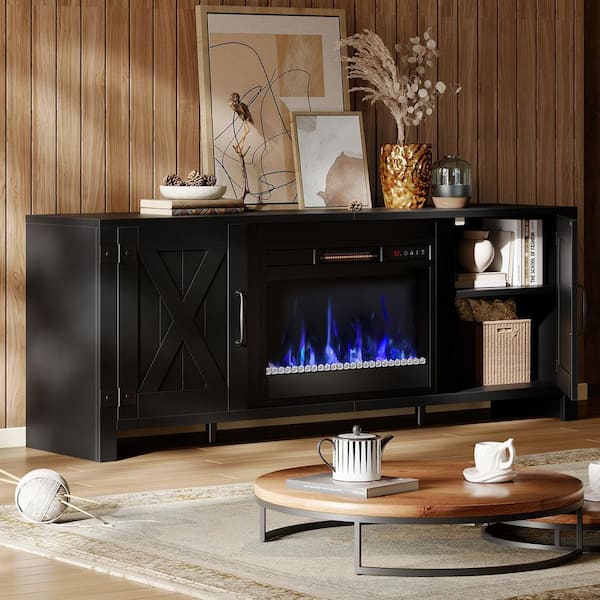 63 in. Freestanding Electric Fireplace TV Stand in Black Fits TVs up to 70 in. with Storage Cabinet