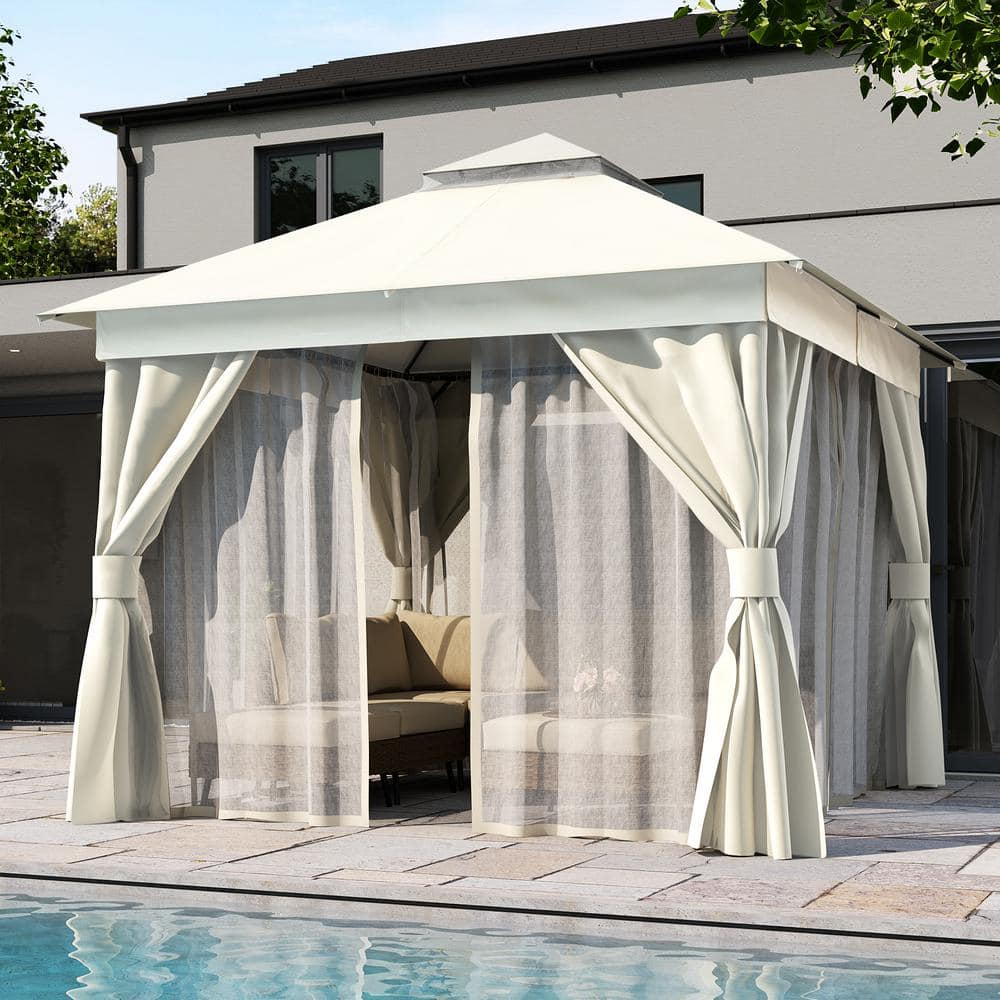 Creamy White Steel Patio Gazebo with Mosquito Netting and Curtains