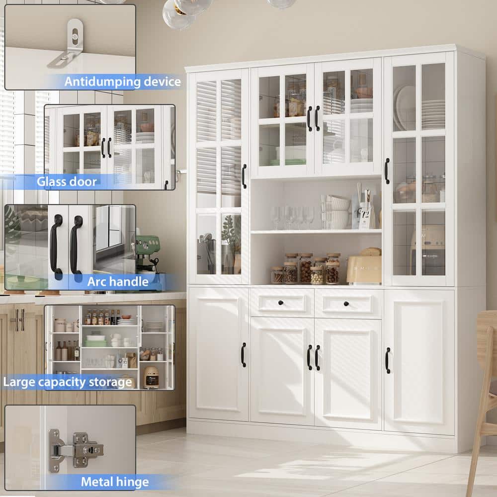 White Gloss 78.7" Kitchen Pantry Cabinet with Glass Doors and Drawers