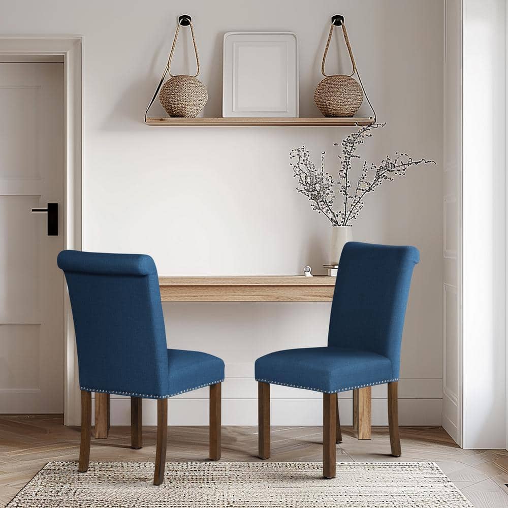 Blue Upholstered Parsons Side Chair with Wood Legs