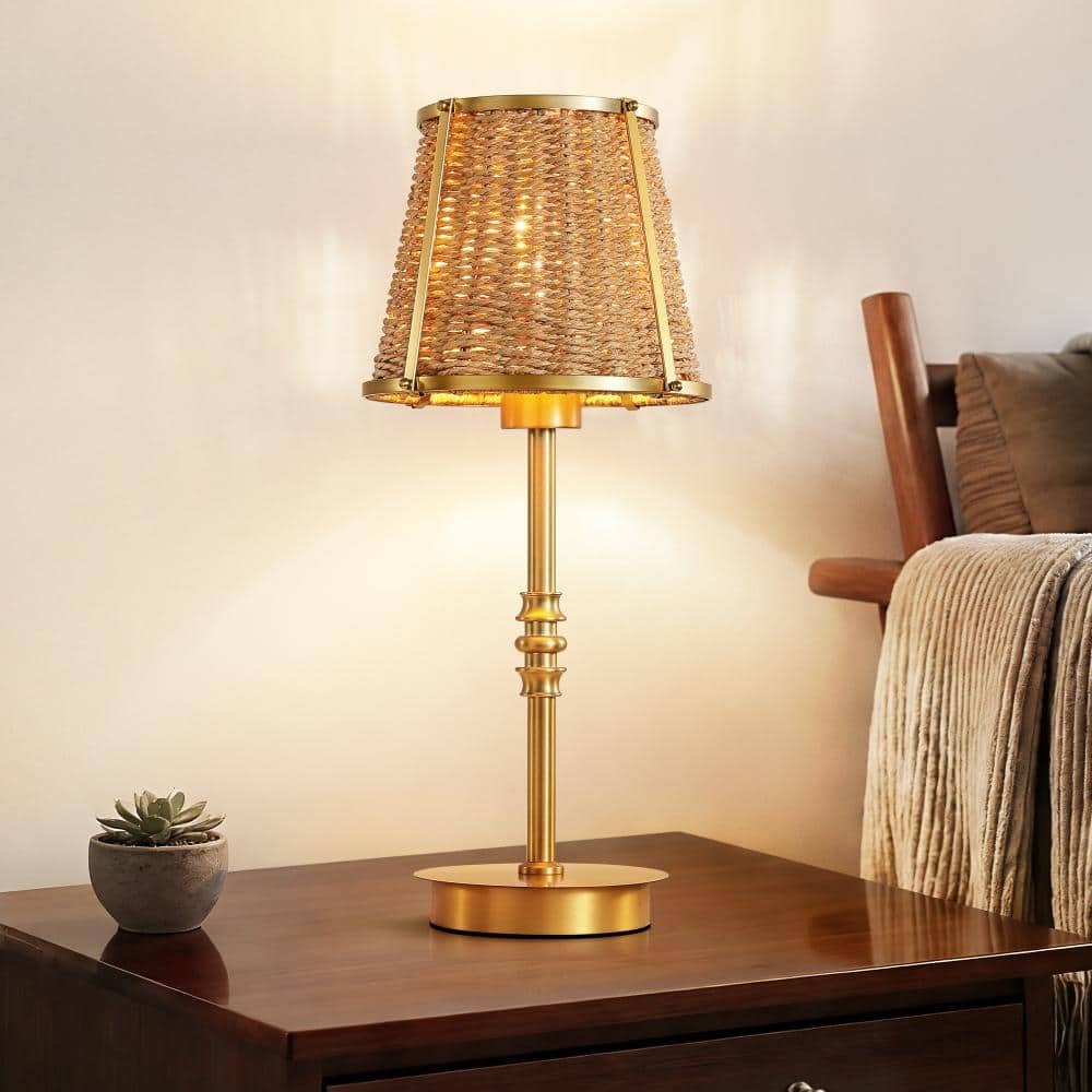 18 In. Vintage Gold Rattan Table Lamp, Eco-Friendly Natural Woven Shade, Bedroom Nightstand Lamp price history on PriceWatchPro